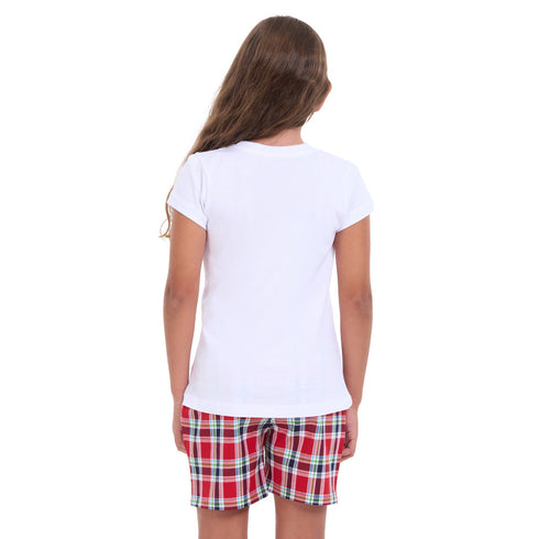 Girls summer pajama set White t-shirt + Red x Dark blue checkered shorts